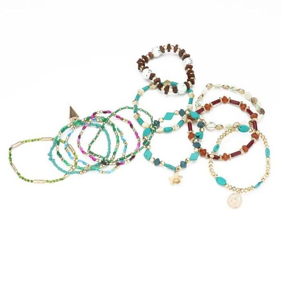 12PCS - Coin Flower Charm Wood Multi Beaded Stretch Bracelets  Item:  Bracelet S - Picture 2 of 7